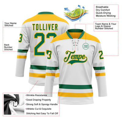 Custom White Kelly Green-Gold Hockey Lace Neck Jersey