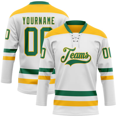 Custom White Kelly Green-Gold Hockey Lace Neck Jersey