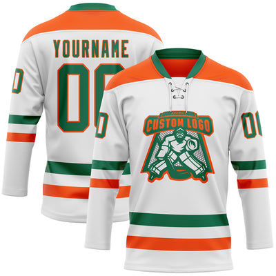 Custom White Kelly Green-Orange Hockey Lace Neck Jersey