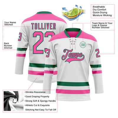 Custom White Pink-Kelly Green Hockey Lace Neck Jersey