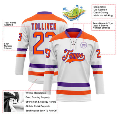 Custom White Orange-Purple Hockey Lace Neck Jersey