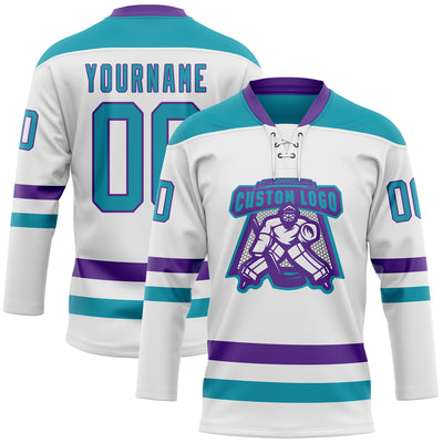 Custom White Teal-Purple Hockey Lace Neck Jersey