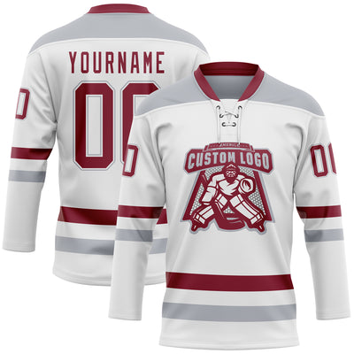 Custom White Crimson-Gray Hockey Lace Neck Jersey