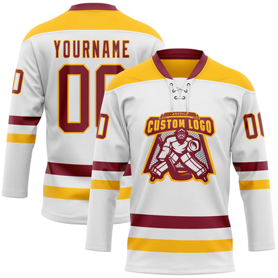 Custom White Crimson-Gold Hockey Lace Neck Jersey