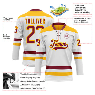 Custom White Crimson-Gold Hockey Lace Neck Jersey