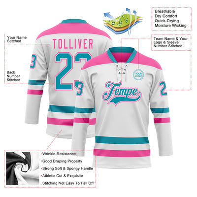 Custom White Teal-Pink Hockey Lace Neck Jersey