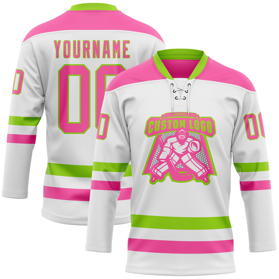 Custom White Pink-Neon Green Hockey Lace Neck Jersey