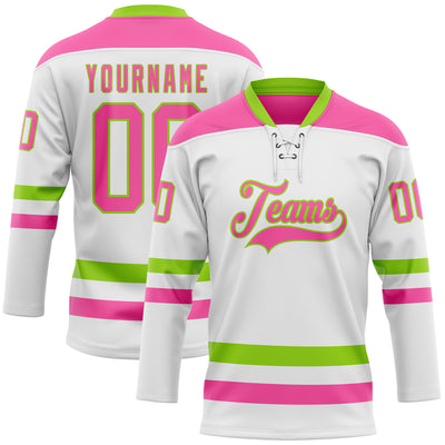 Custom White Pink-Neon Green Hockey Lace Neck Jersey