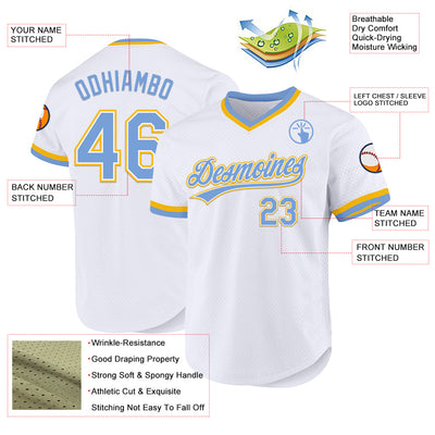 Custom White Light Blue-Gold Authentic Throwback Baseball Jersey