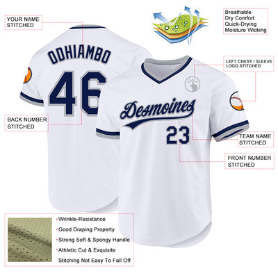 Custom White Navy-Gray Authentic Throwback Baseball Jersey