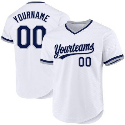 Custom White Navy-Gray Authentic Throwback Baseball Jersey