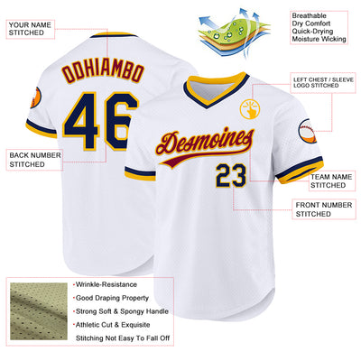 Custom White Navy-Gold Authentic Throwback Baseball Jersey