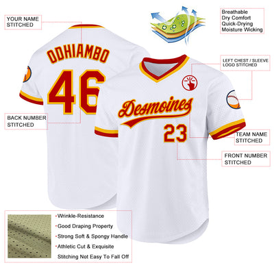 Custom White Red-Gold Authentic Throwback Baseball Jersey