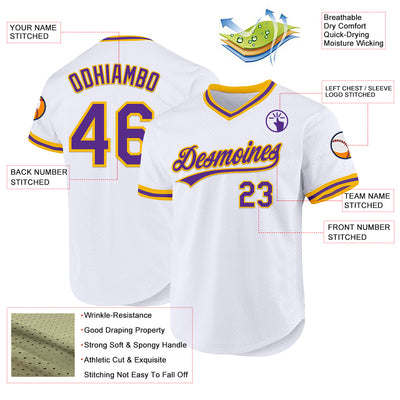 Custom White Purple-Gold Authentic Throwback Baseball Jersey