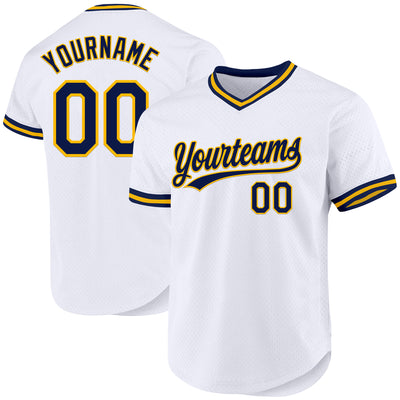 Custom White Navy-Gold Authentic Throwback Baseball Jersey