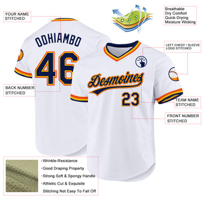 Custom White Navy Gold-Orange Authentic Throwback Baseball Jersey