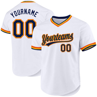 Custom White Navy Gold-Orange Authentic Throwback Baseball Jersey