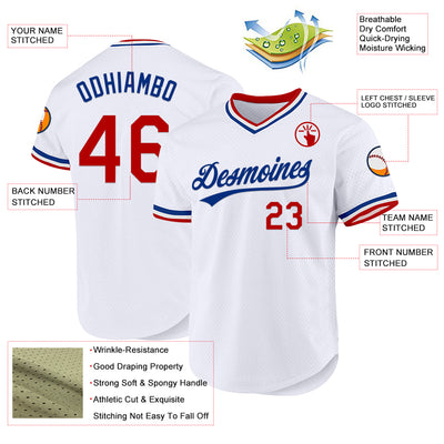 Custom White Red-Royal Authentic Throwback Baseball Jersey