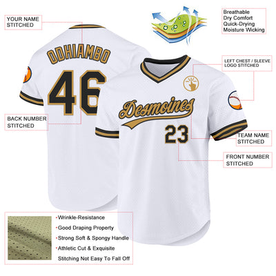 Custom White Black-Old Gold Authentic Throwback Baseball Jersey