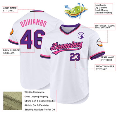 Custom White Purple Black-Pink Authentic Throwback Baseball Jersey