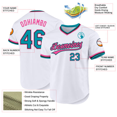 Custom White Teal Black-Pink Authentic Throwback Baseball Jersey