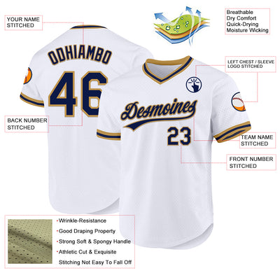 Custom White Navy-Old Gold Authentic Throwback Baseball Jersey