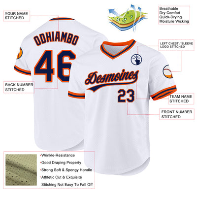 Custom White Navy-Orange Authentic Throwback Baseball Jersey