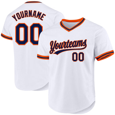 Custom White Navy-Orange Authentic Throwback Baseball Jersey