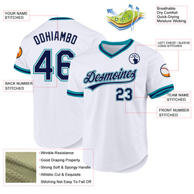 Custom White Navy-Teal Authentic Throwback Baseball Jersey