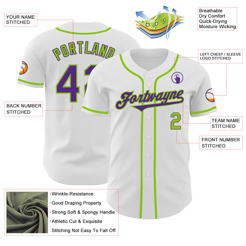 Custom White Purple-Neon Green Authentic Baseball Jersey