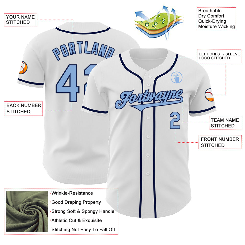 Custom White Light Blue-Navy Authentic Baseball Jersey