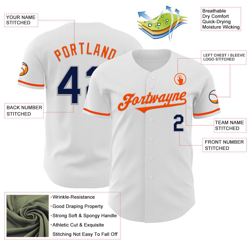 Custom White Navy Gray-Orange Authentic Baseball Jersey