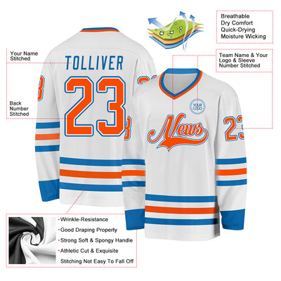 Custom White Orange-Blue Hockey Jersey