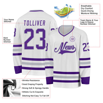 Custom White Purple-Gray Hockey Jersey