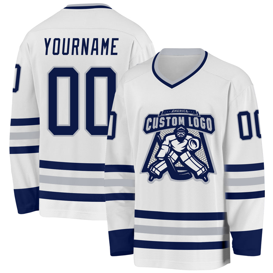 Custom White Navy-Gray Hockey Jersey