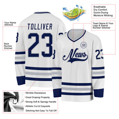 Custom White Navy-Gray Hockey Jersey