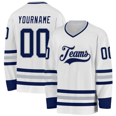 Custom White Navy-Gray Hockey Jersey