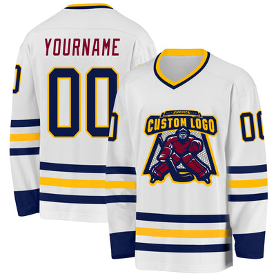 Custom White Navy Gold-Maroon Hockey Jersey