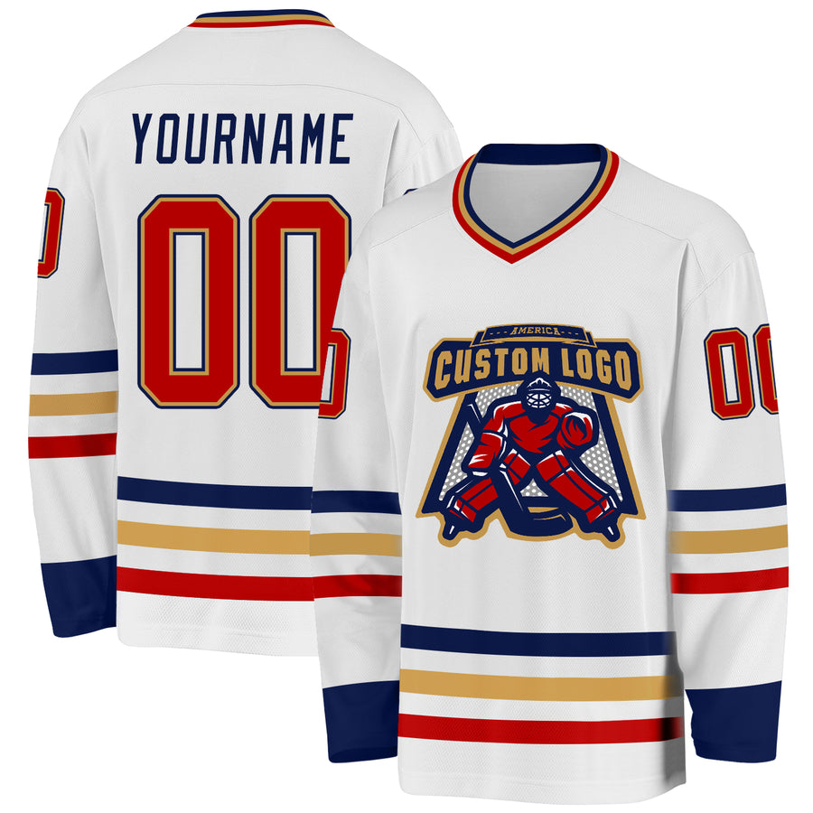 Custom White Red Old Gold-Navy Hockey Jersey