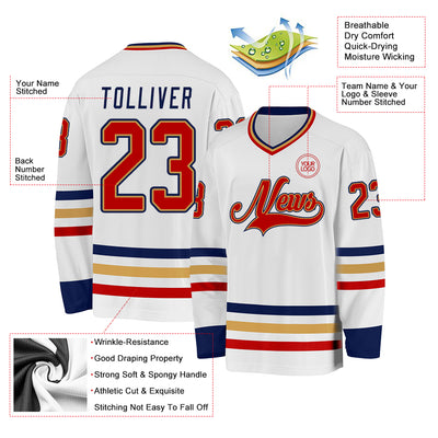 Custom White Red Old Gold-Navy Hockey Jersey