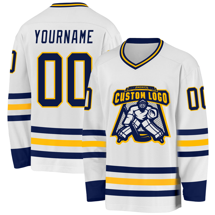 Custom White Navy-Gold Hockey Jersey