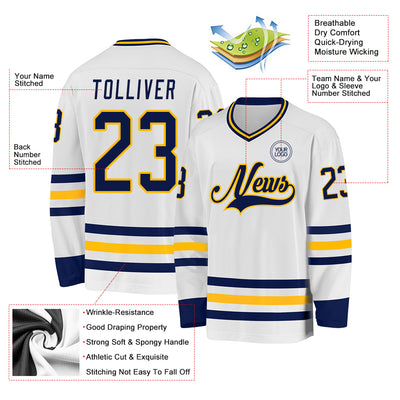 Custom White Navy-Gold Hockey Jersey