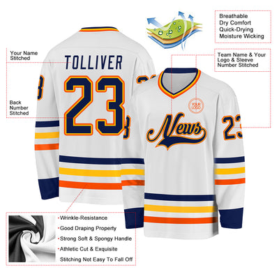 Custom White Navy Gold-Orange Hockey Jersey