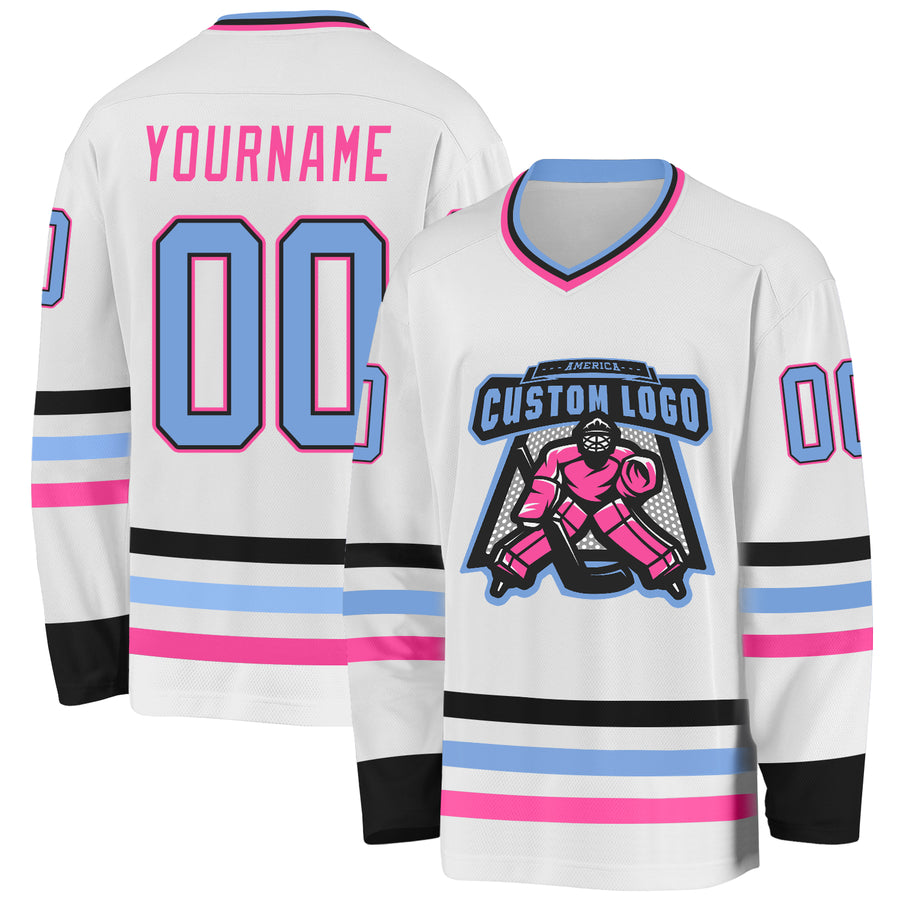 Custom White Light Blue Black-Pink Hockey Jersey