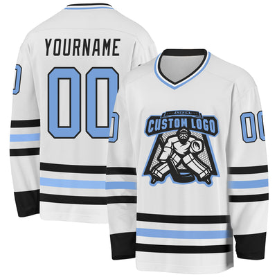 Custom White Light Blue-Black Hockey Jersey