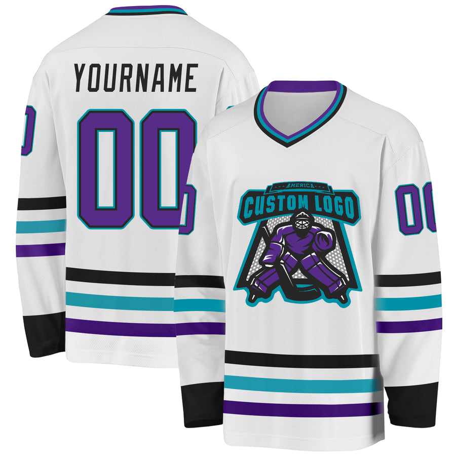 Custom White Purple Black-Teal Hockey Jersey