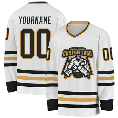 Custom White Black-Old Gold Hockey Jersey