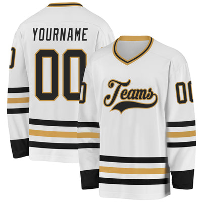 Custom White Black-Old Gold Hockey Jersey