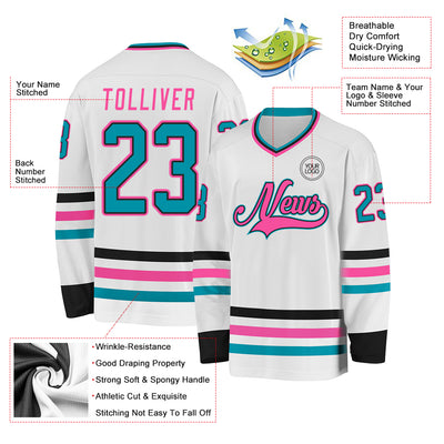 Custom White Teal Black-Pink Hockey Jersey