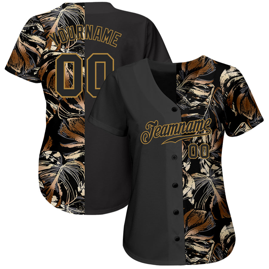 Custom 3D Pattern Design Golden Tropical Leaves In The Style Of Jungle And Hawaii Authentic Baseball Jersey